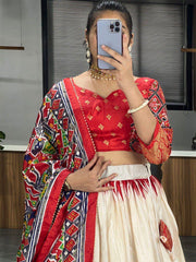 Off-White & Red Patola Printed Silk Lehenga Choli – Foil Work Festival Wear