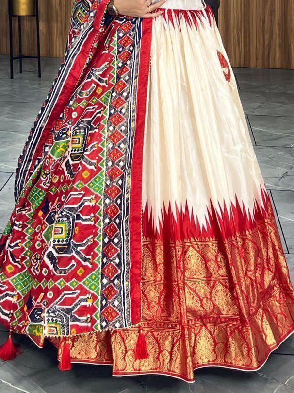 Off-White & Red Patola Printed Silk Lehenga Choli – Foil Work Festival Wear