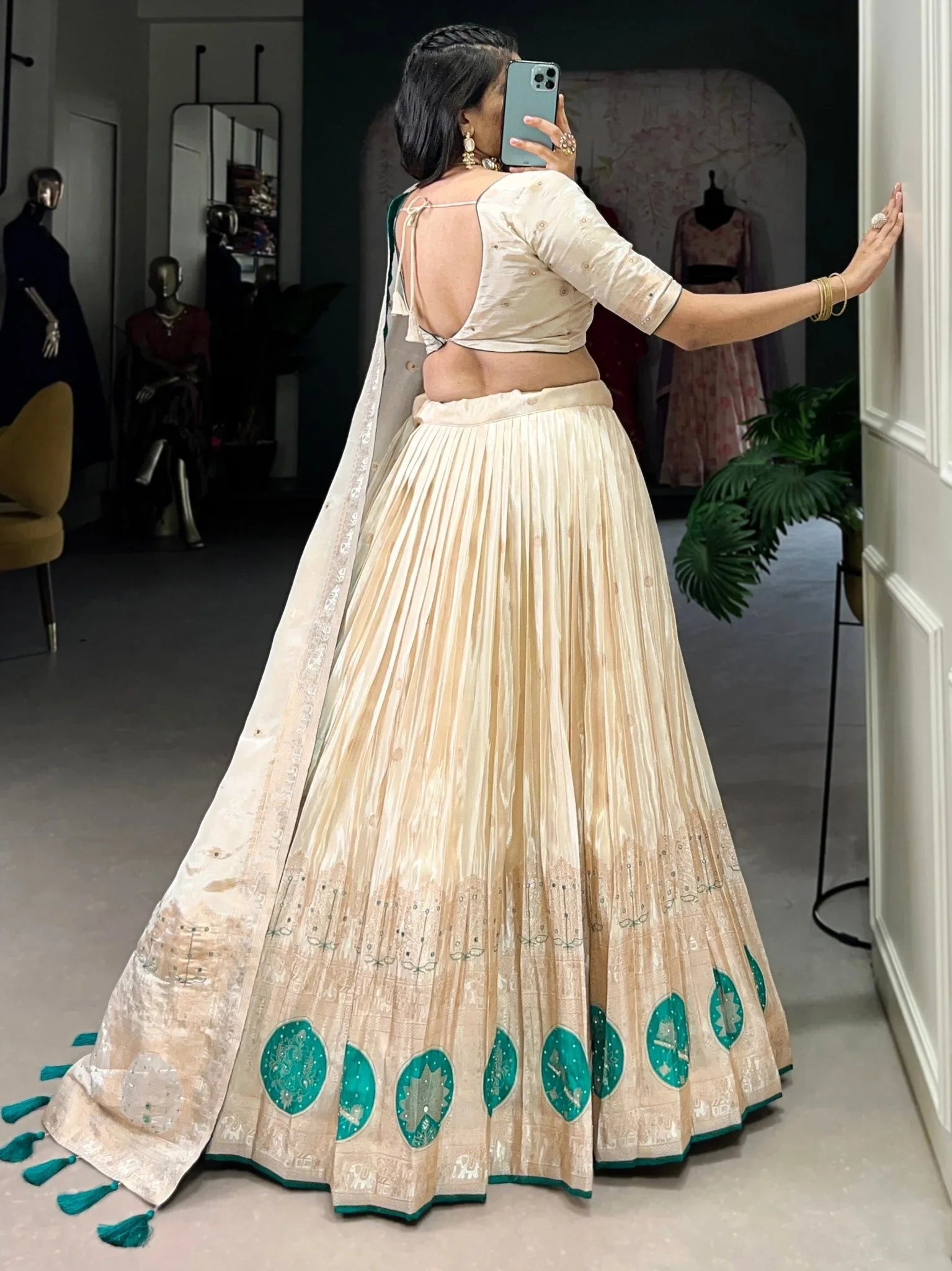 Off-White Silk Lehenga Choli with Weaving, Mirror & Beads Handwork