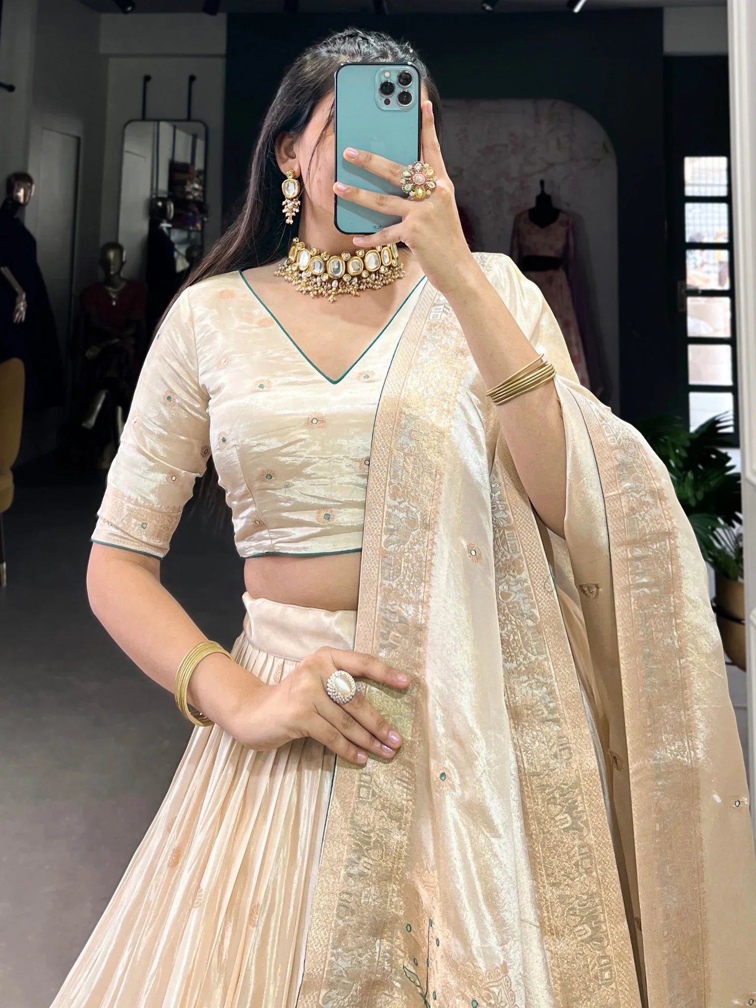 Off-White Silk Lehenga Choli with Weaving, Mirror & Beads Handwork