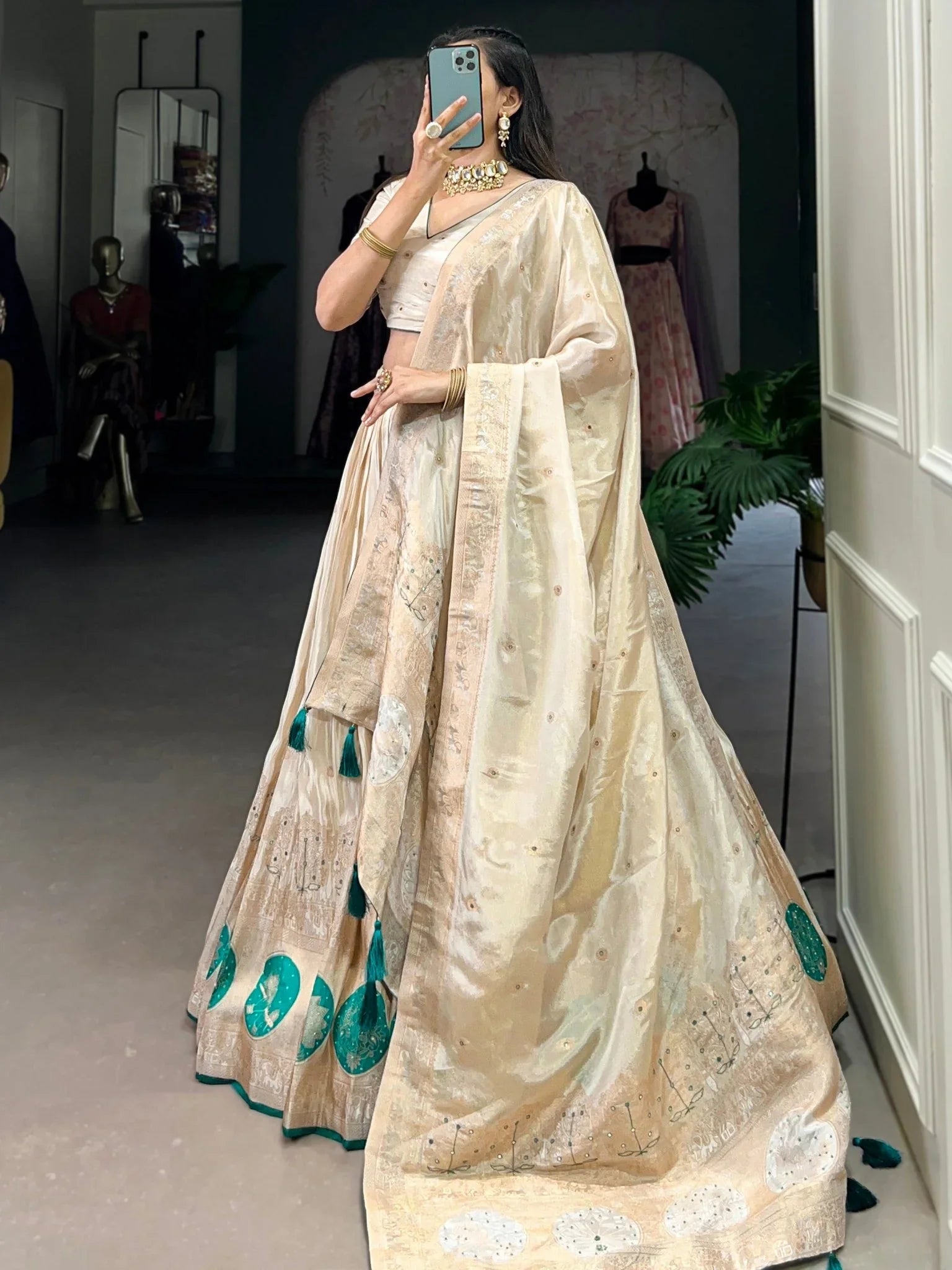 Off-White Silk Lehenga Choli with Weaving, Mirror & Beads Handwork