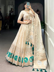 Off-White Silk Lehenga Choli with Weaving, Mirror & Beads Handwork