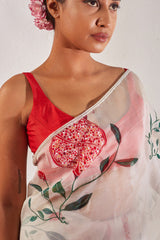 Off White Organza Silk Saree with Printed & Hand Work and Stitched Red Blouse