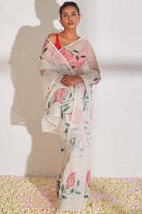 Off White Organza Silk Saree with Printed & Hand Work and Stitched Red Blouse