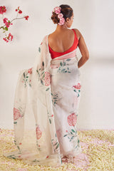 Off White Organza Silk Saree with Printed & Hand Work and Stitched Red Blouse