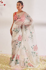 Off White Organza Silk Saree with Printed & Hand Work and Stitched Red Blouse
