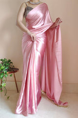 Old Rose Satin Silk Ready-To-Wear Saree