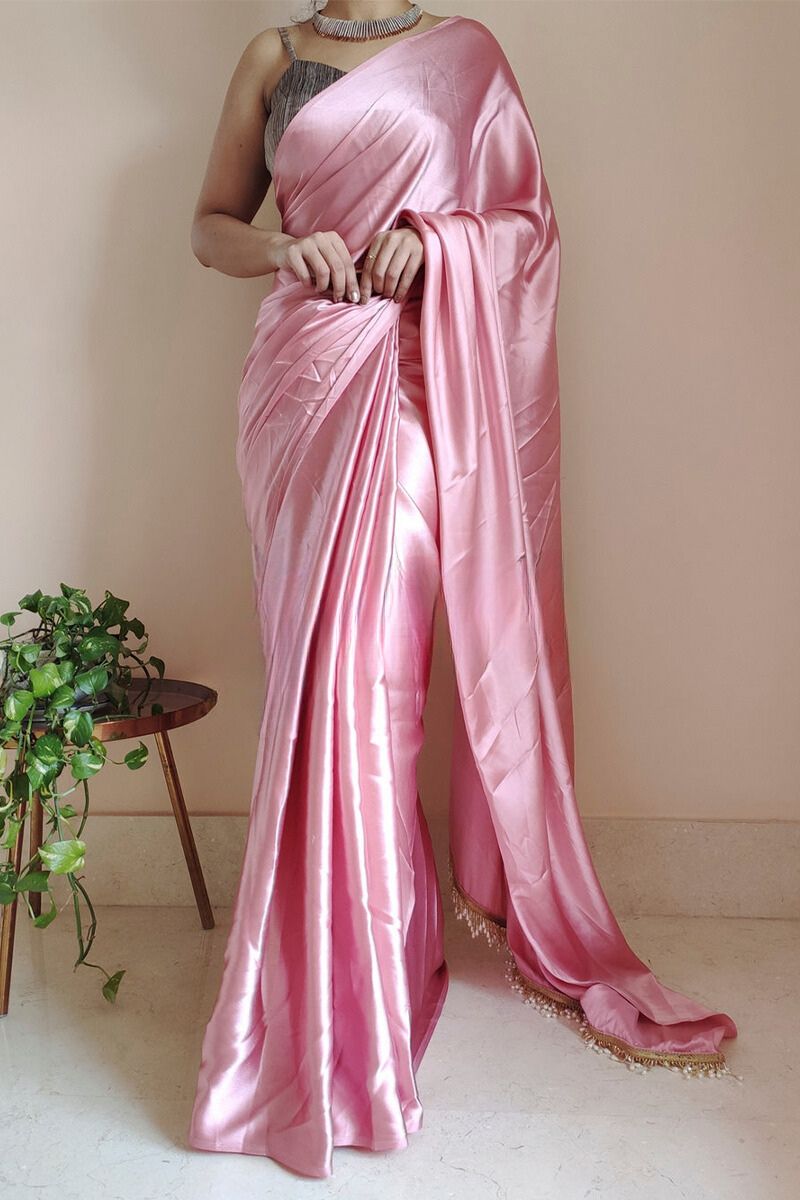 Old Rose Satin Silk Ready-To-Wear Saree