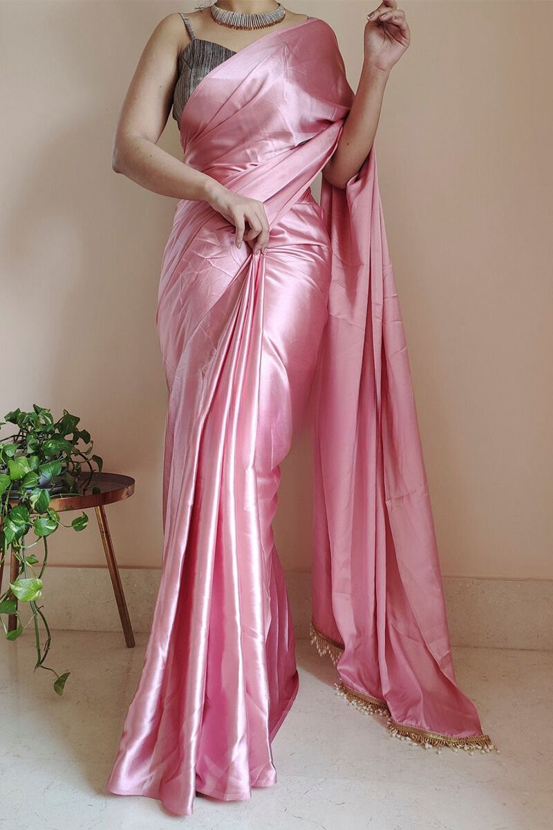 Old Rose Satin Silk Ready-To-Wear Saree