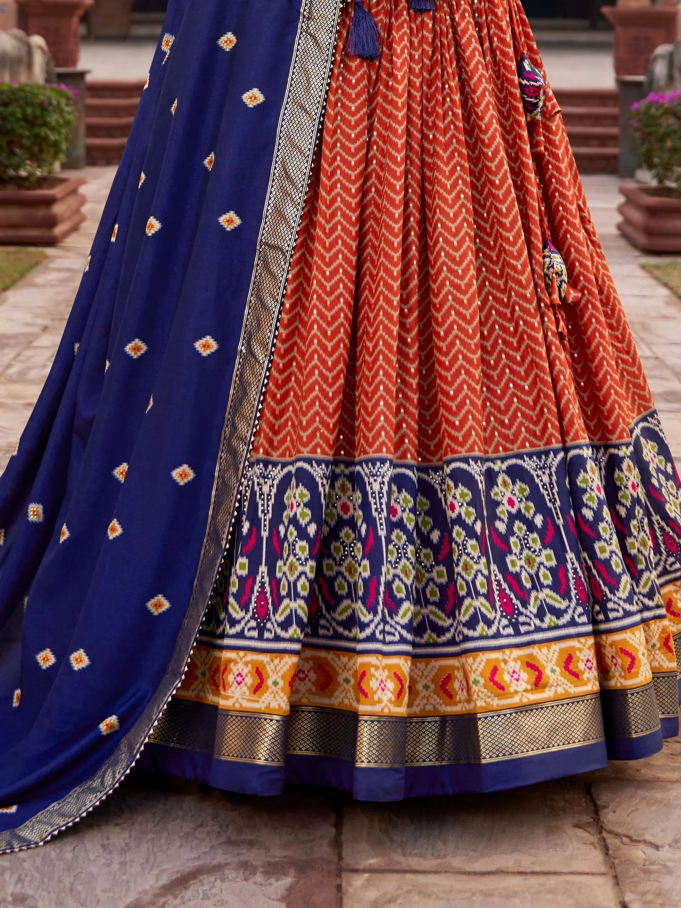 Orange Patola Printed Silk Lehenga – Blue Choli & Dupatta