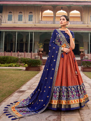 Orange Patola Printed Silk Lehenga – Blue Choli & Dupatta