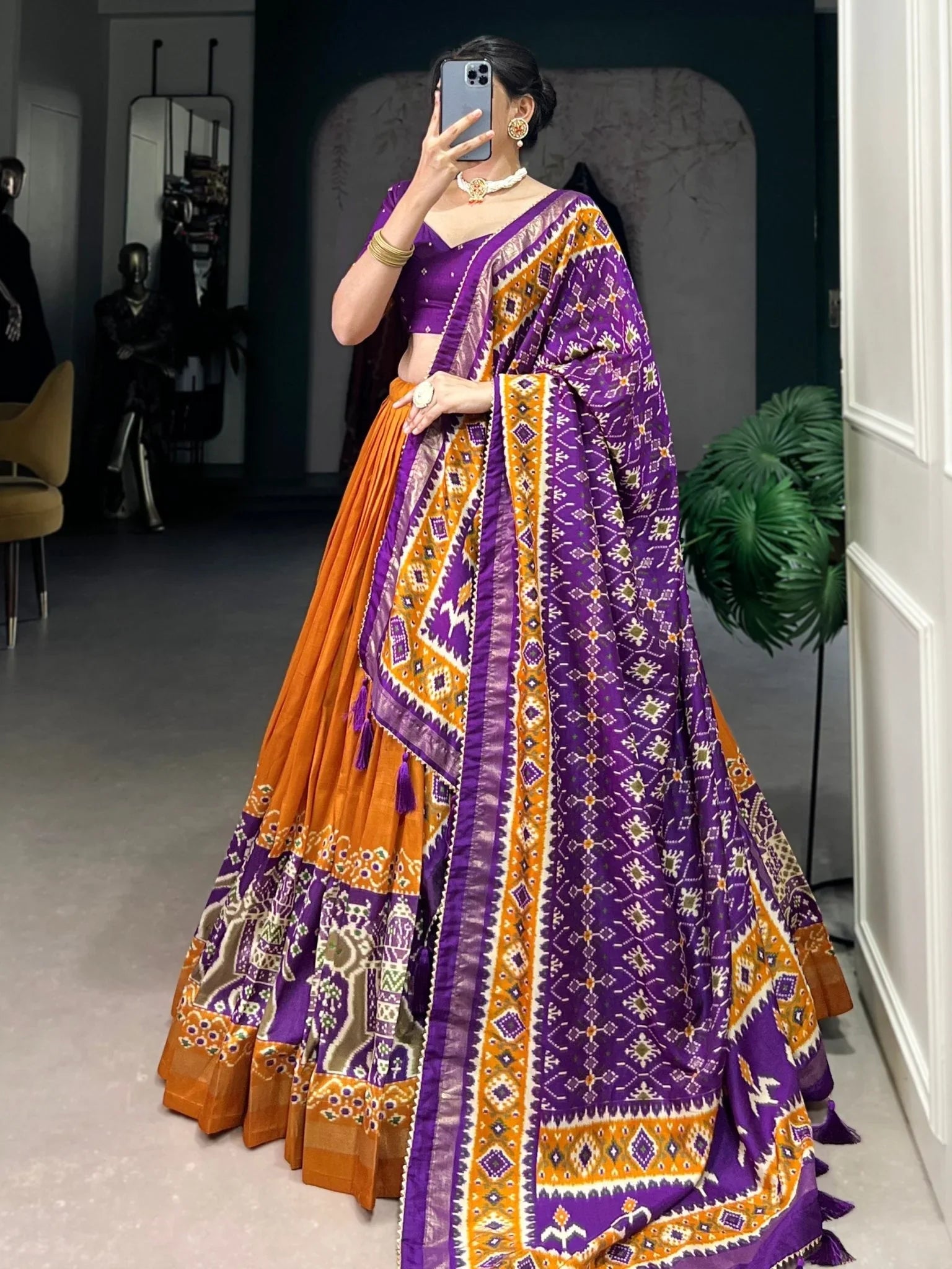 Orange Patola Tussar Silk Lehenga – Purple Blouse & Dupatta