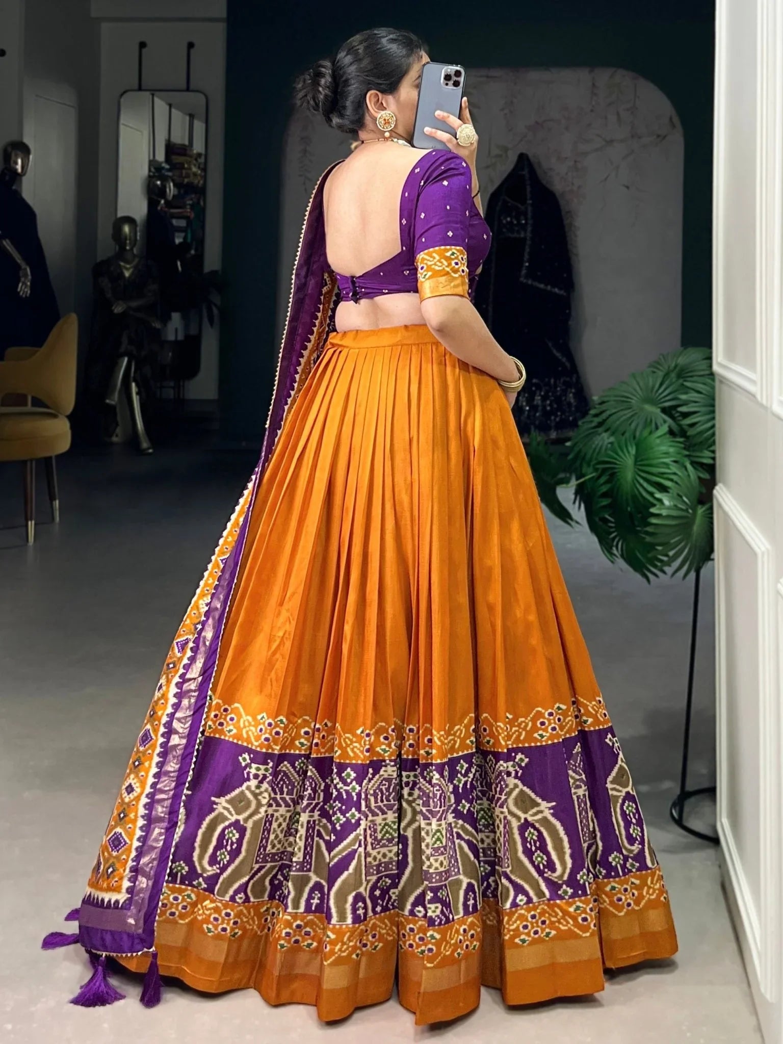 Orange Patola Tussar Silk Lehenga – Purple Blouse & Dupatta