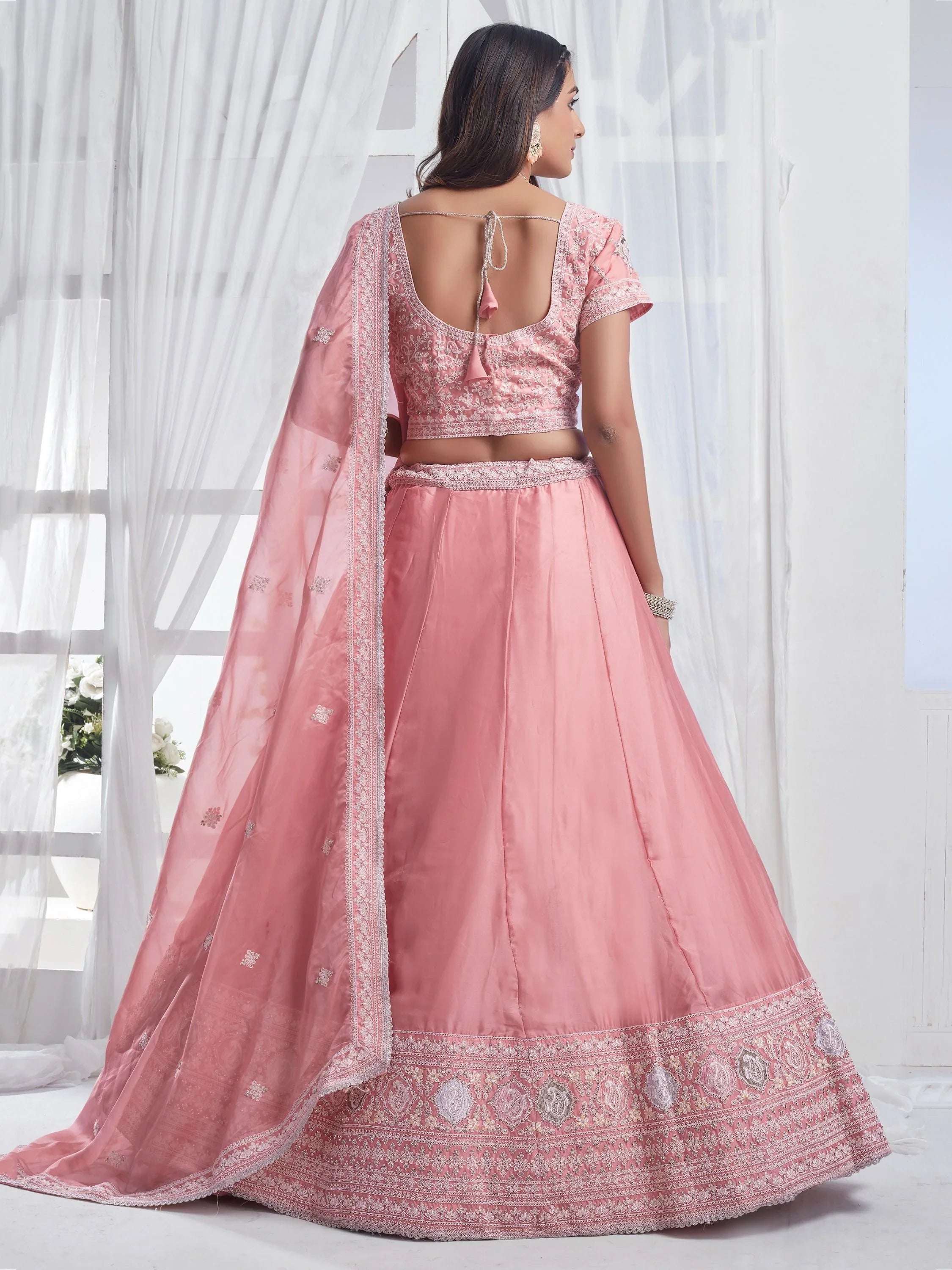Peach Embroidered Organza Lehenga Choli – Elegant Festive Wear