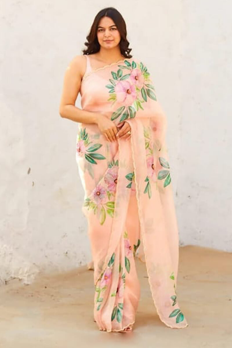 Peach Organza Silk Ready-to-Wear Saree