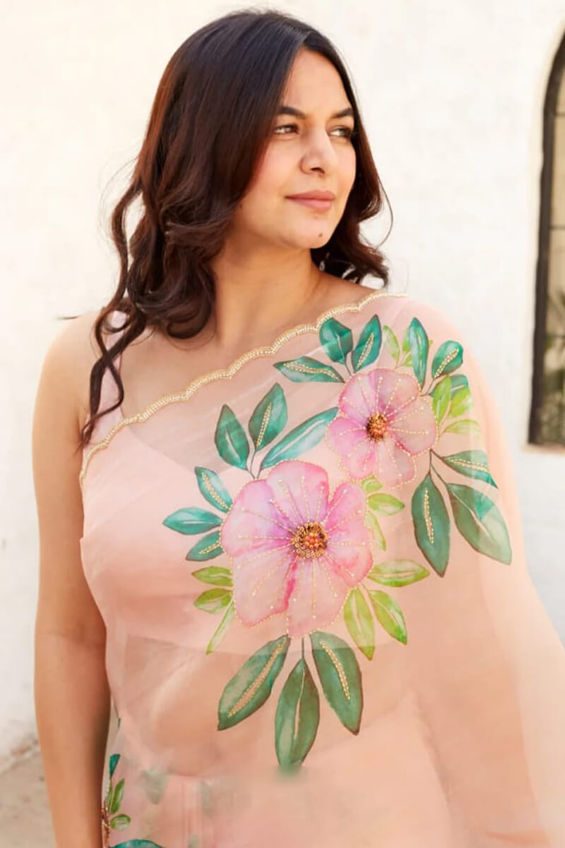 Peach Organza Silk Ready-to-Wear Saree
