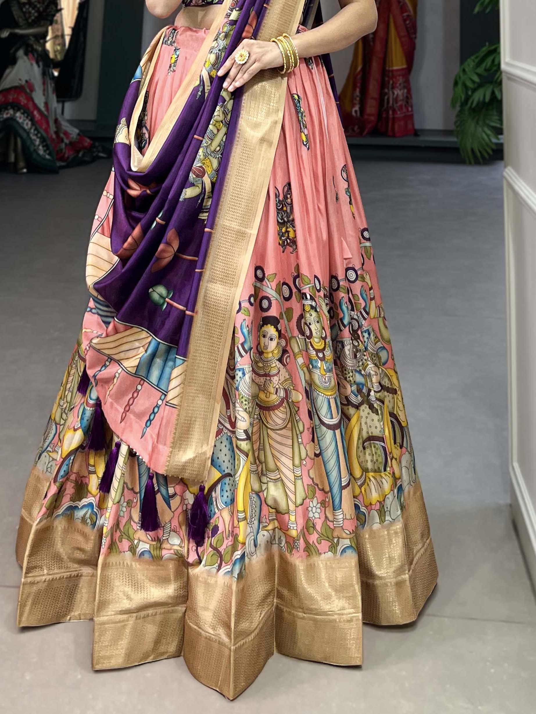 Peach & Purple Dola Silk Lehenga Choli – Kalamkari Print & Zari Work
