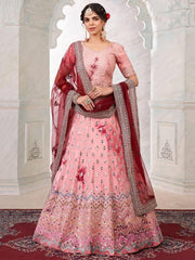 Pink Art Silk Shibori Effect Lehenga with Mirror Work & Maroon Net Dupatta
