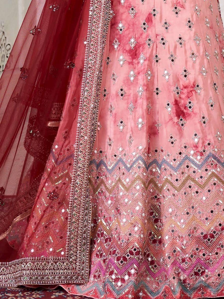Pink Art Silk Shibori Effect Lehenga with Mirror Work & Maroon Net Dupatta