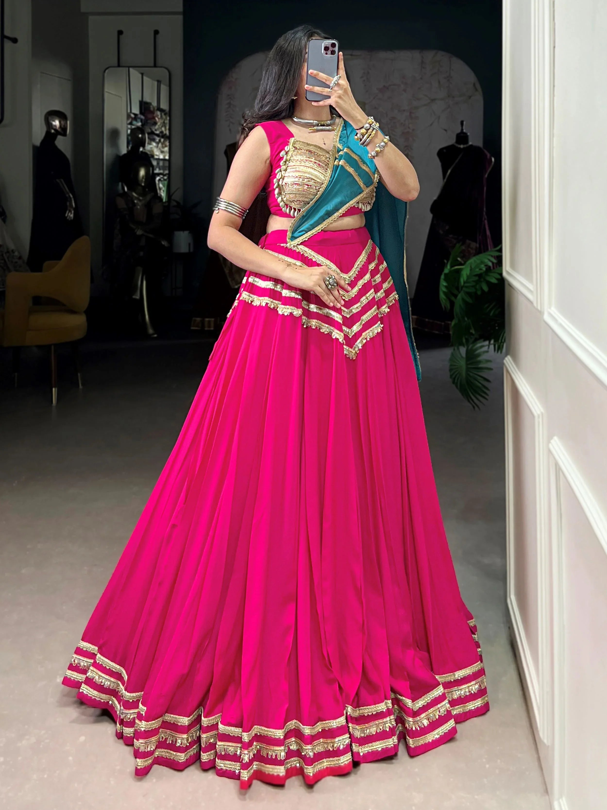 Pink Cotton Lehenga Choli – Sequins & Seashell Work with Blue Dupatta