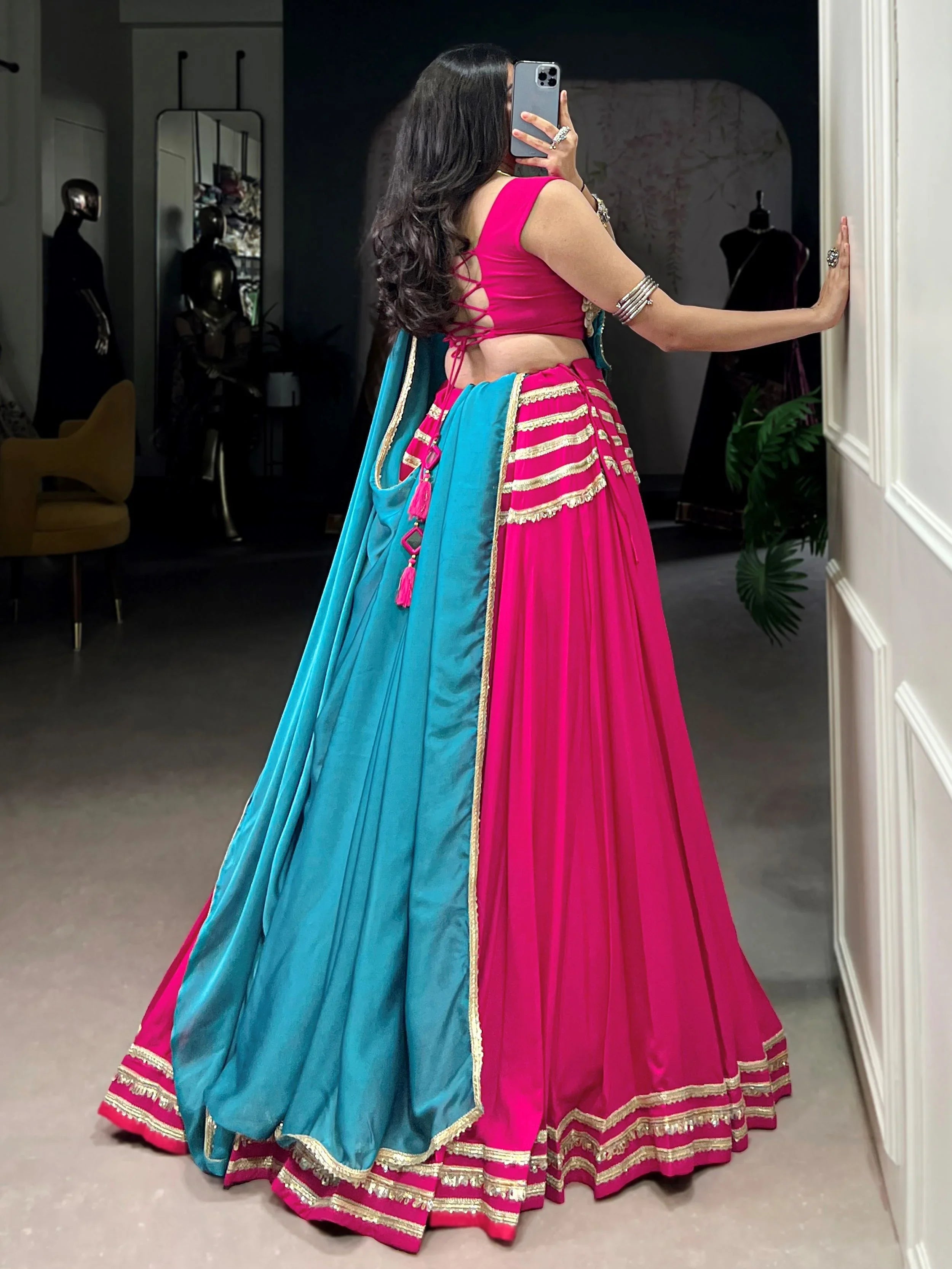 Pink Cotton Lehenga Choli – Sequins & Seashell Work with Blue Dupatta