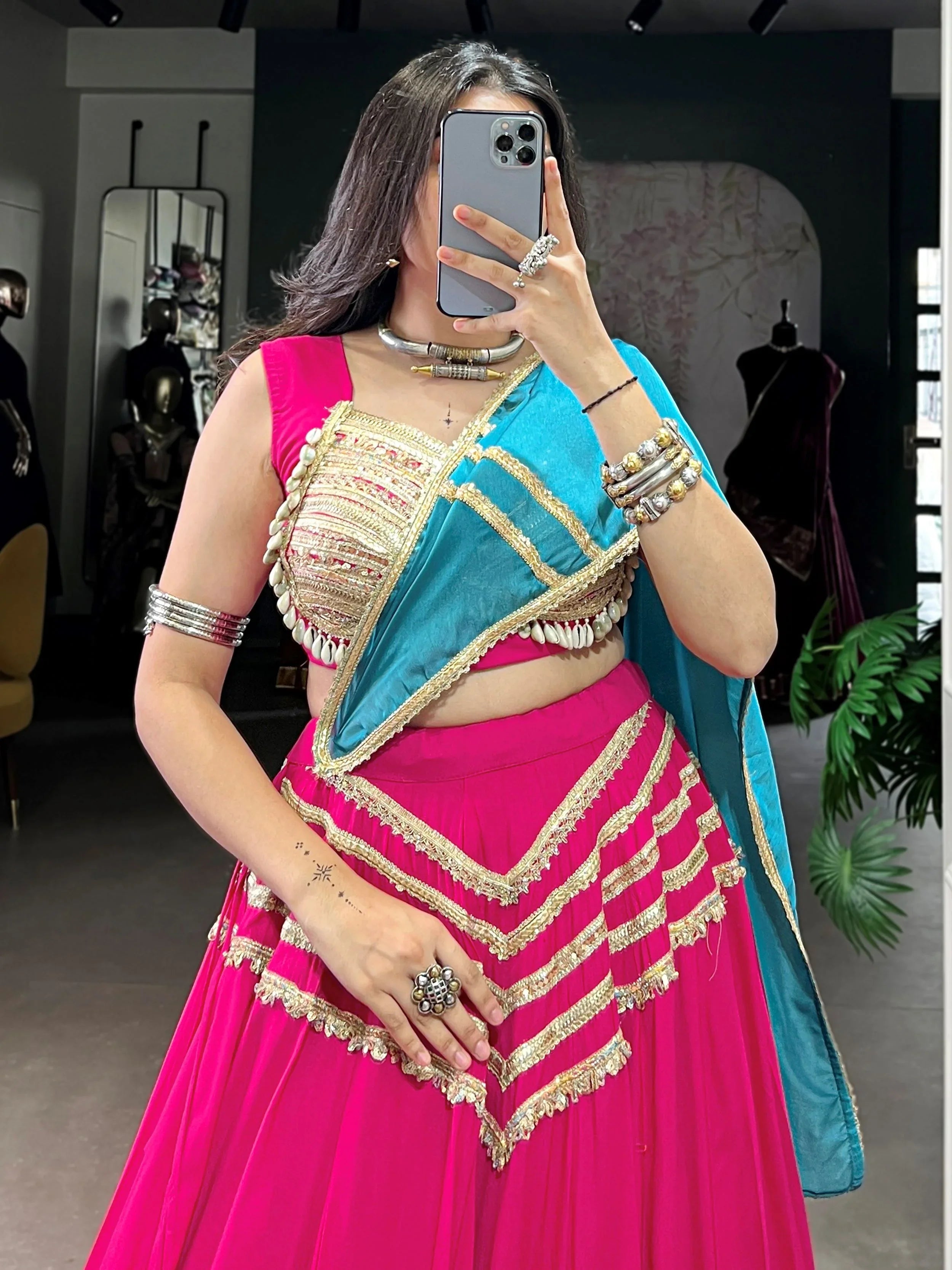Pink Cotton Lehenga Choli – Sequins & Seashell Work with Blue Dupatta