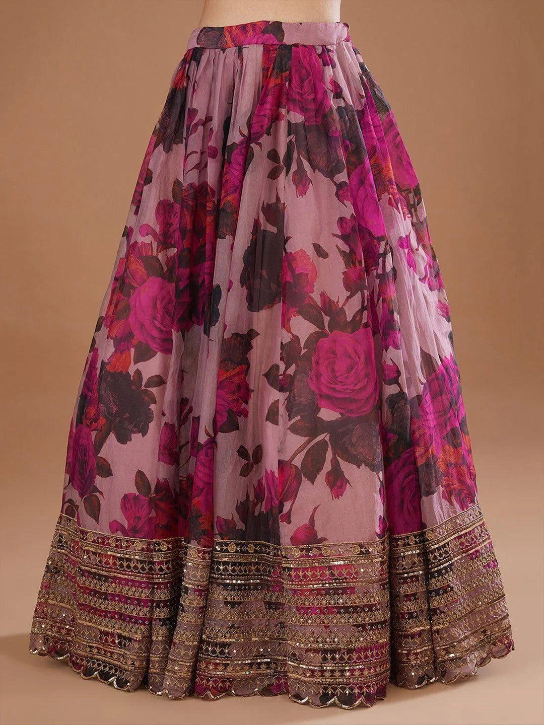Pink Organza Party Wear Lehenga Choli – Floral Print with Sequins & Cutwork Dupatta