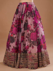 Pink Organza Party Wear Lehenga Choli – Floral Print with Sequins & Cutwork Dupatta