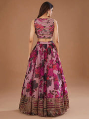 Pink Organza Party Wear Lehenga Choli – Floral Print with Sequins & Cutwork Dupatta