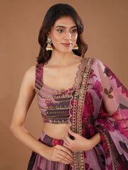 Pink Organza Party Wear Lehenga Choli – Floral Print with Sequins & Cutwork Dupatta