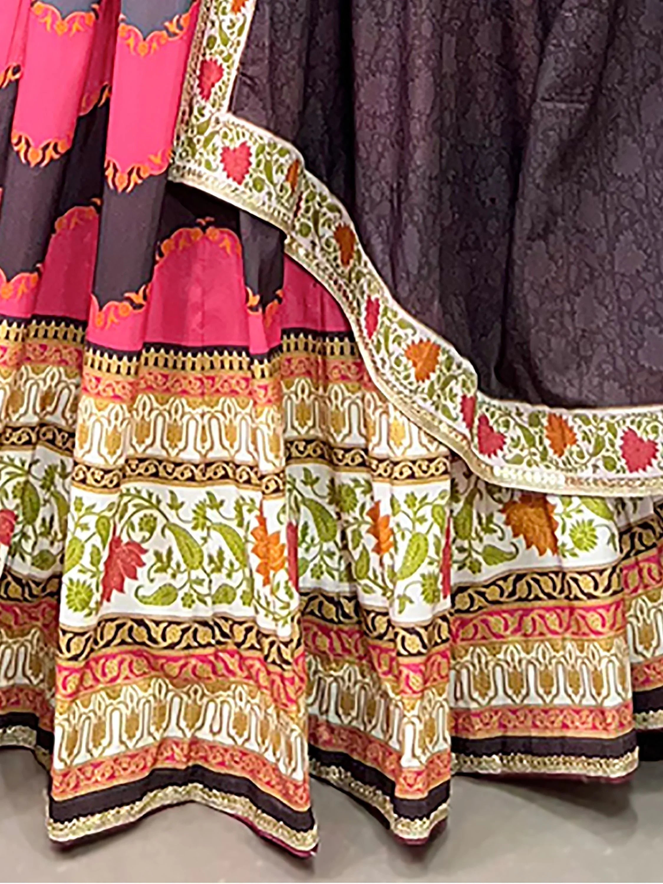 Pink Silk Lehenga Choli with Digital Print & Black Dupatta
