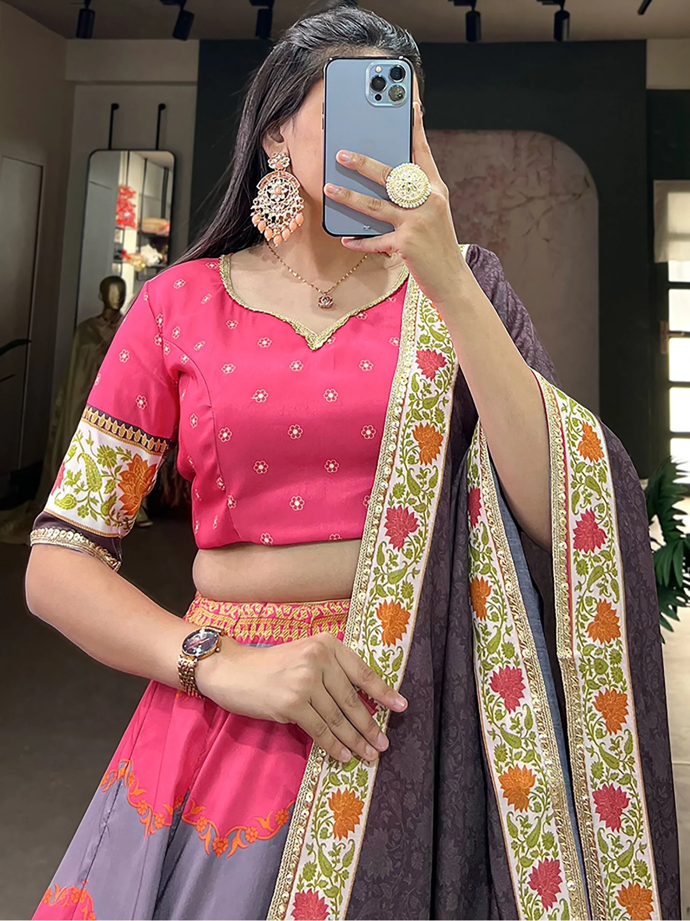 Pink Silk Lehenga Choli with Digital Print & Black Dupatta