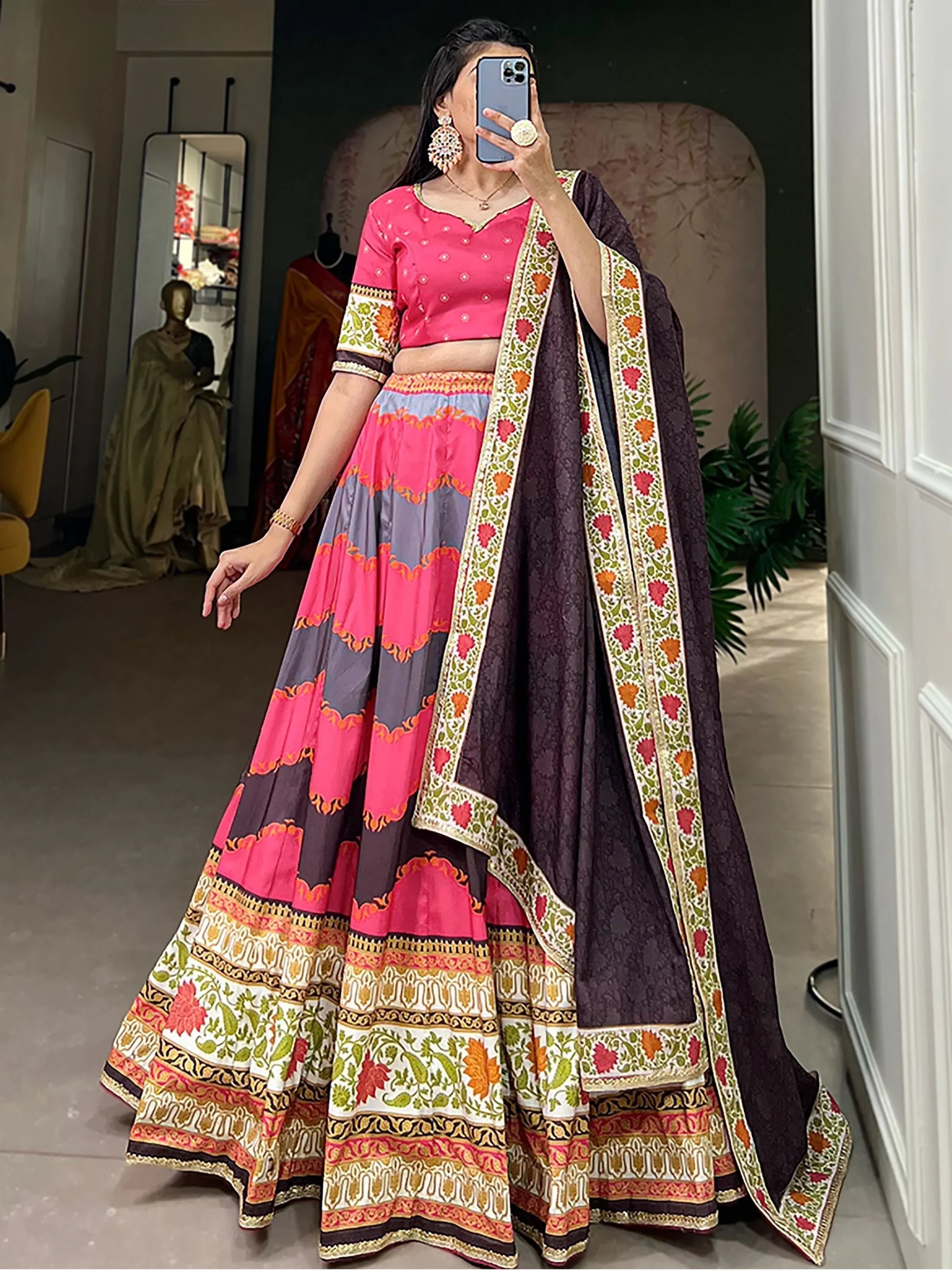 Pink Silk Lehenga Choli with Digital Print & Black Dupatta