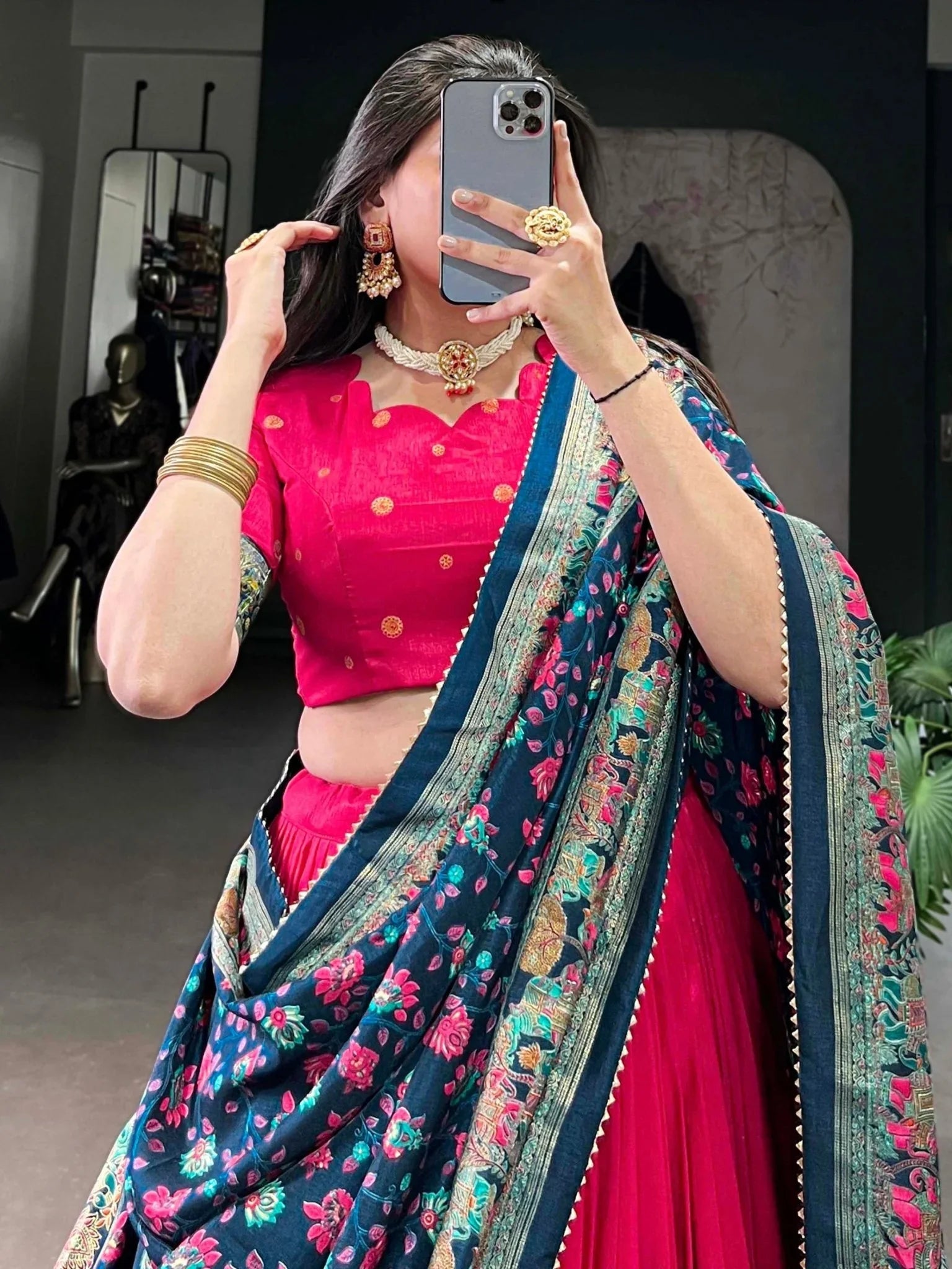 Pink Tussar Silk Lehenga Choli – Elephant & Peacock Digital Foil Print