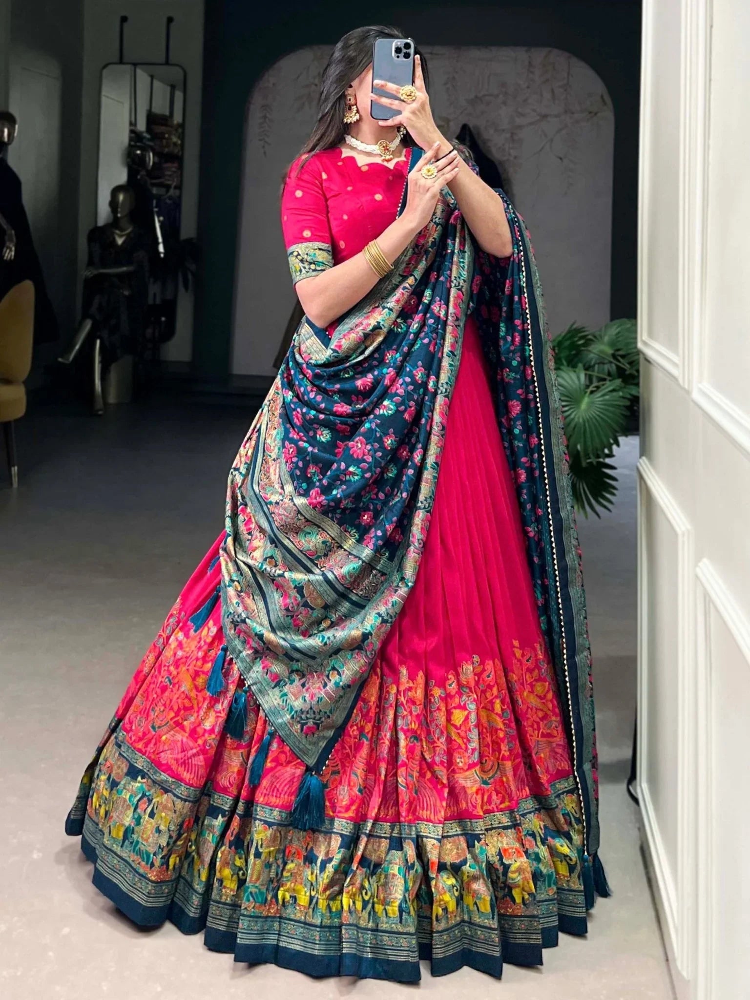 Pink Tussar Silk Lehenga Choli – Elephant & Peacock Digital Foil Print