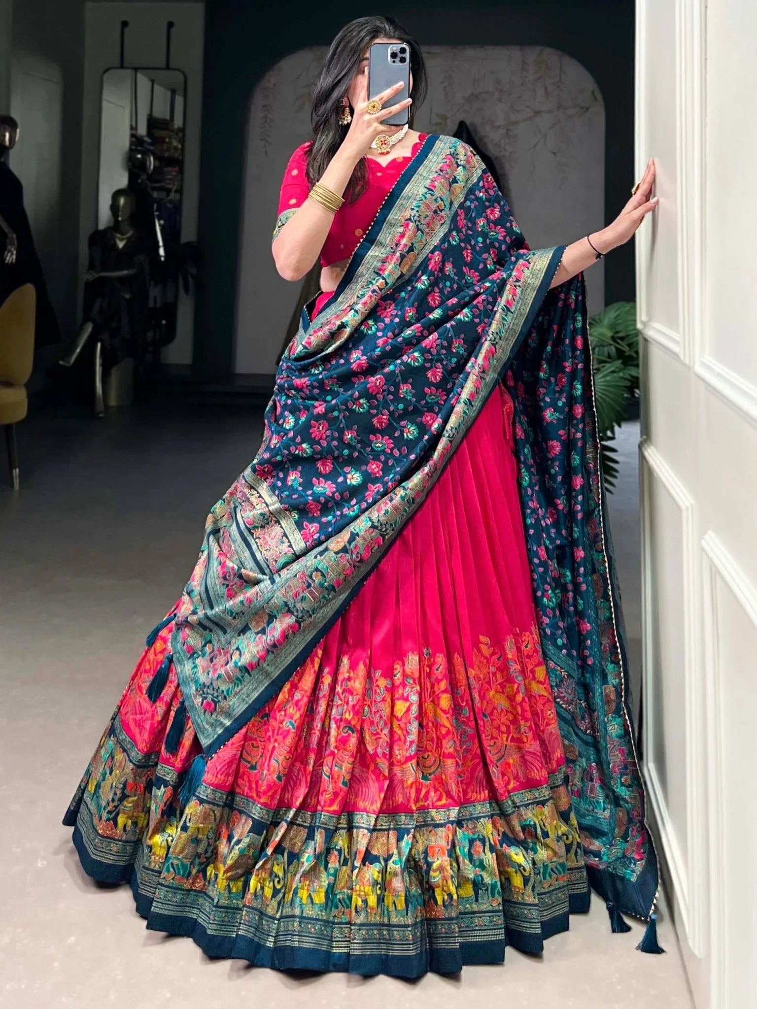 Pink Tussar Silk Lehenga Choli – Elephant & Peacock Digital Foil Print