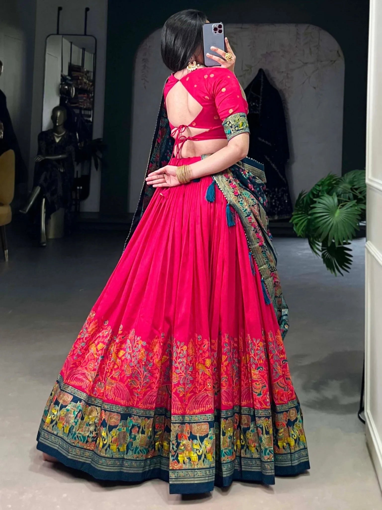 Pink Tussar Silk Lehenga Choli – Elephant & Peacock Digital Foil Print