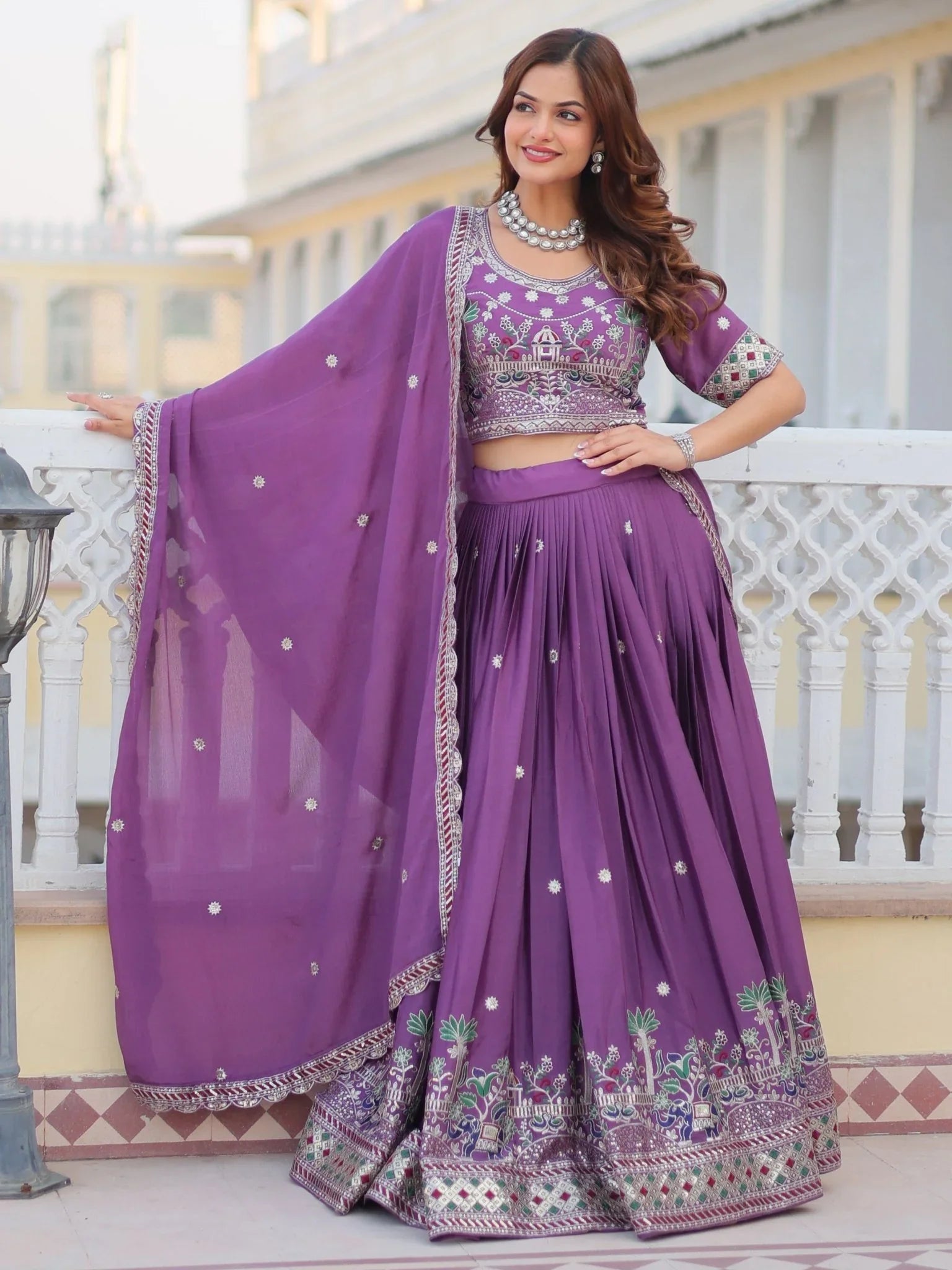 Purple Chinon Wedding Lehenga Choli – Thread & Sequin Embroidery