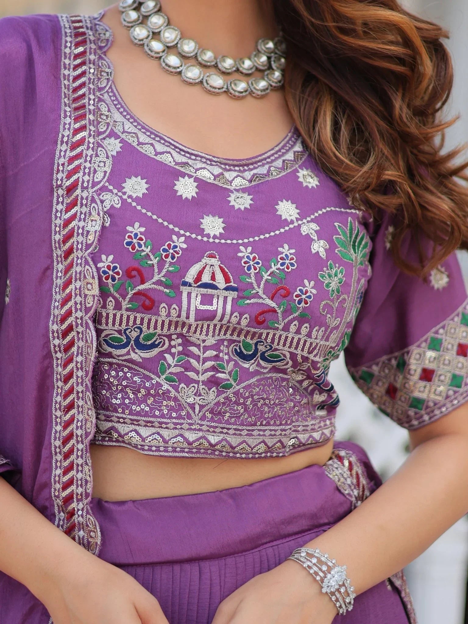 Purple Chinon Wedding Lehenga Choli – Thread & Sequin Embroidery