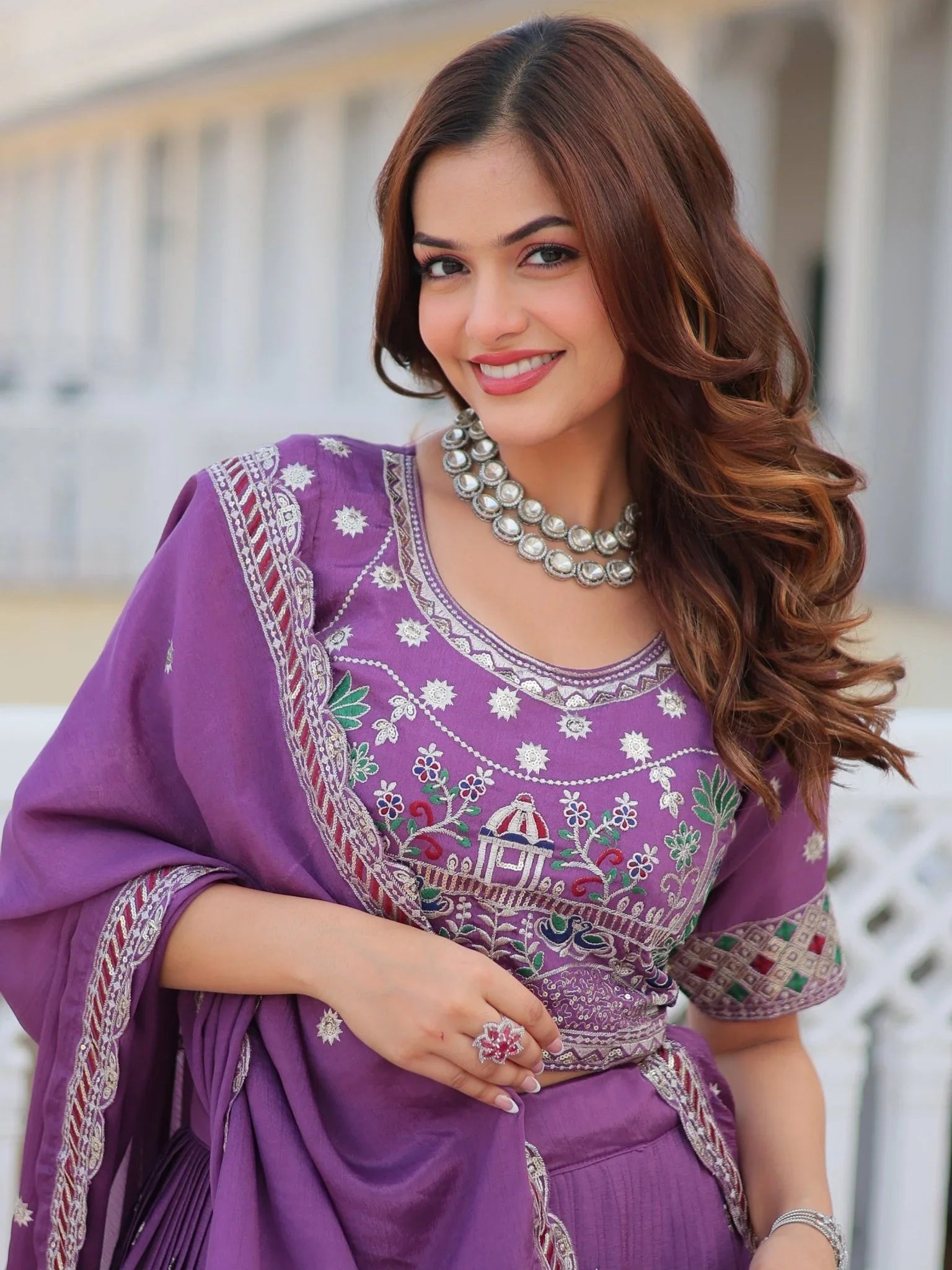 Purple Chinon Wedding Lehenga Choli – Thread & Sequin Embroidery