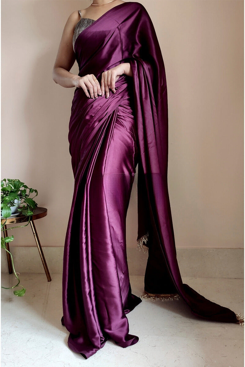 Purple Satin Silk Ready-To-Wear Saree with Grey Blouse