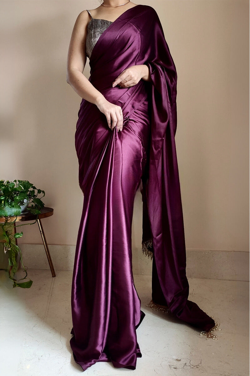 Purple Satin Silk Ready-To-Wear Saree with Grey Blouse