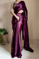 Purple Satin Silk Ready-To-Wear Saree with Grey Blouse