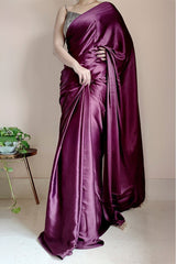 Purple Satin Silk Ready-To-Wear Saree with Grey Blouse