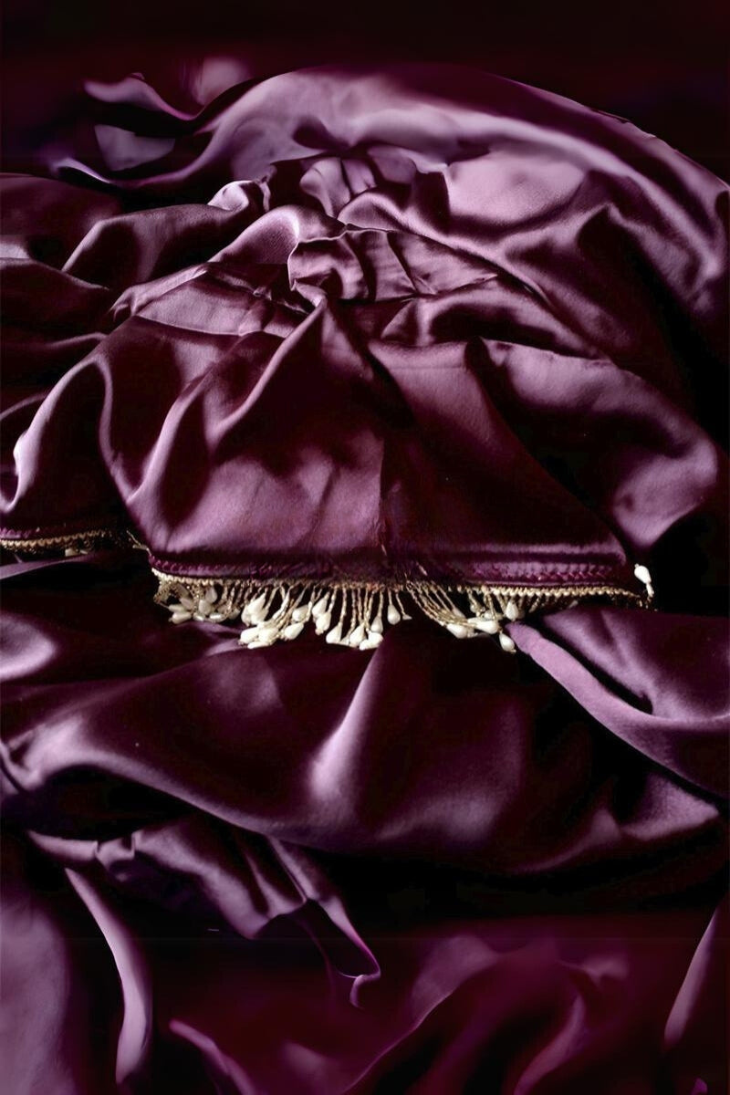 Purple Satin Silk Ready-To-Wear Saree with Grey Blouse