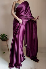 Purple Satin Silk Ready-To-Wear Saree with Grey Blouse
