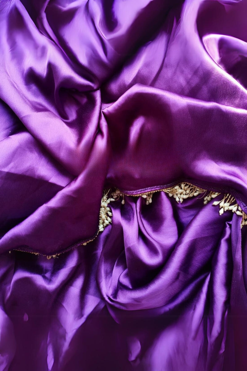 Violet Satin Silk Ready-To-Wear Saree with Grey Blouse