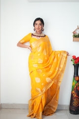 Radiant Yellow Cotton Silk Saree with Jacquard Detailing & Unstitched Blouse