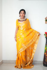 Radiant Yellow Cotton Silk Saree with Jacquard Detailing & Unstitched Blouse