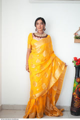 Radiant Yellow Cotton Silk Saree with Jacquard Detailing & Unstitched Blouse